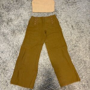 Tan Crop Top and Brown Button Pants Set